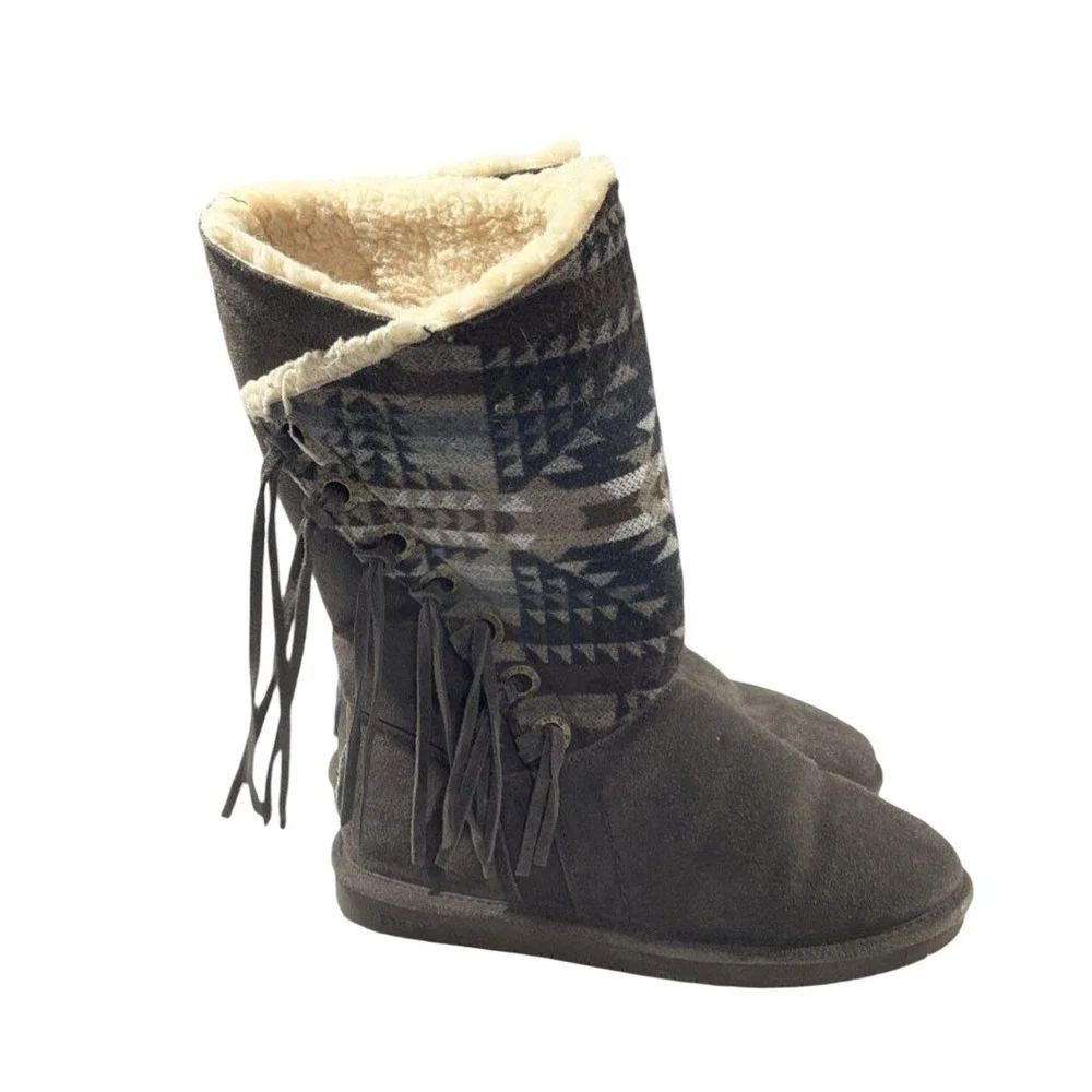 Bearpaw Women Gray Suede Southwestern Fringe Winter Boots 10 Faux Fur Lining